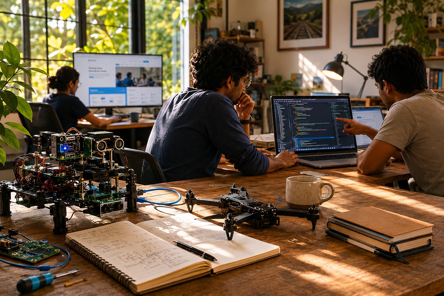 Interior of the LeafyCode studio — natural light over a long shared wooden desk, a half-mounted robotics rig in the foreground, two engineers working in the mid-ground.